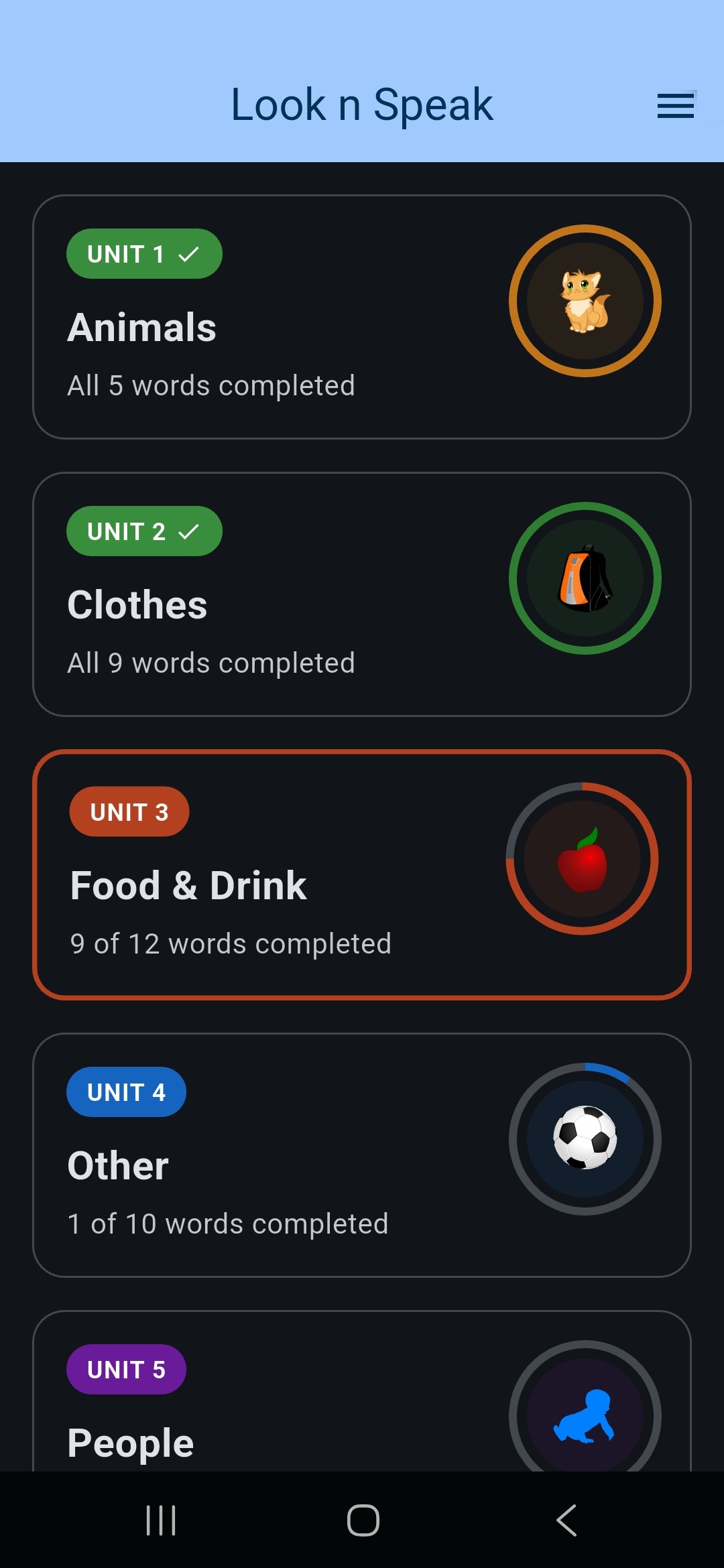 Dark mode home screen listing vocabulary units: Animals, Clothes, Food & Drink, Other, and People, each with progress tracked