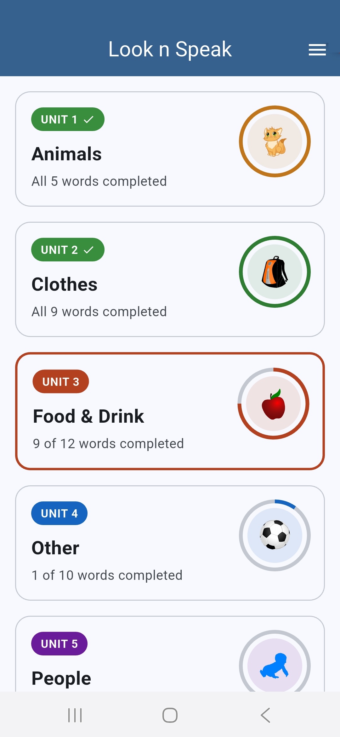 Light mode home screen listing the same vocabulary units and per-unit progress