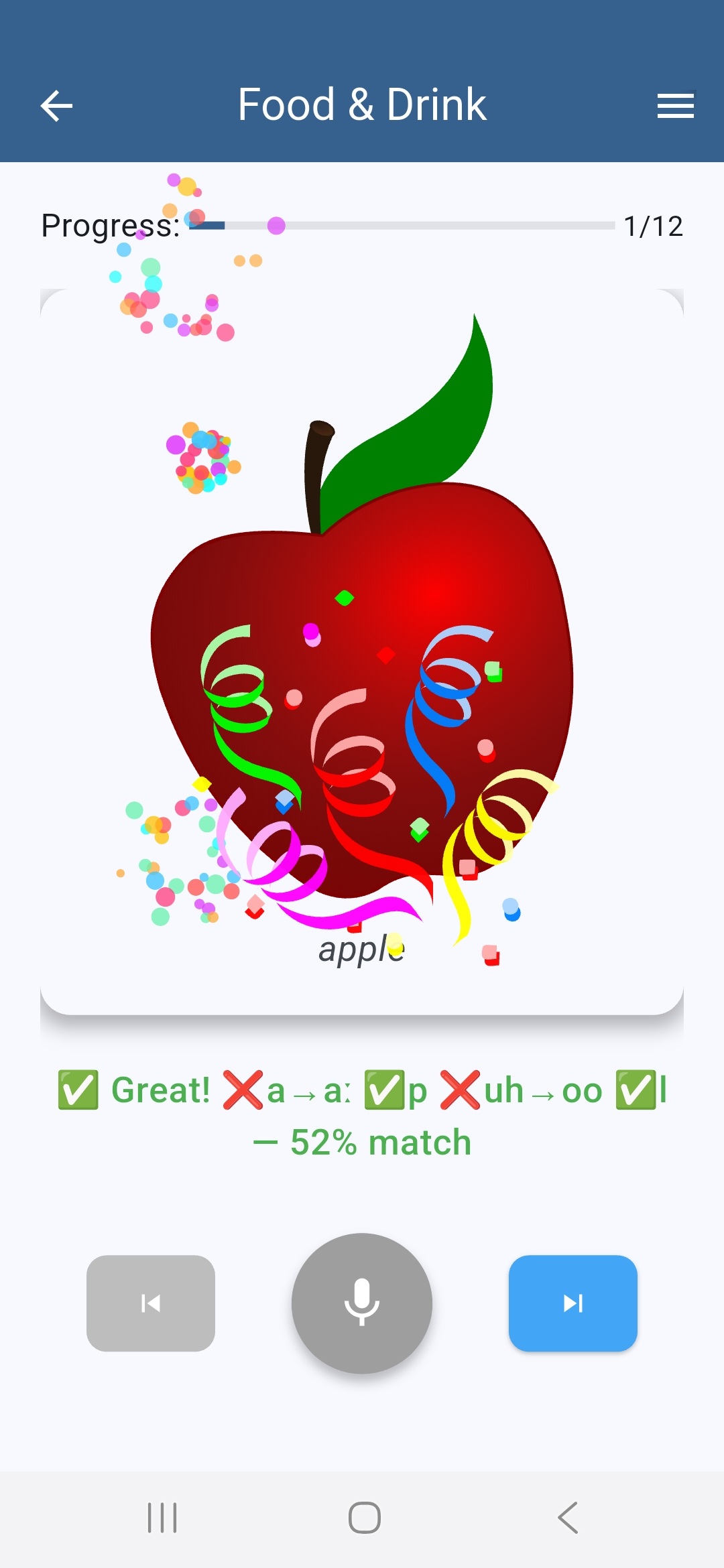 Light mode practice screen showing a correct pronunciation of the word 'apple' with a confetti animation